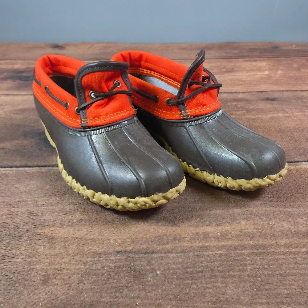 LL Bean Duck Boots Womens 7.5 Brown Orange Slip On Waterproof Moccasin Shoes